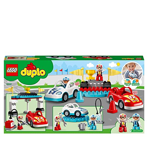 LEGO 10947 DUPLO Town Race Cars Toy for Toddlers 2 Plus Years Old, Push & Go Racer Vehicles Set for Preschool Kids, Boys & Girls, Early Development and Activity Toys