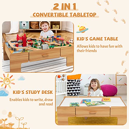 COSTWAY Wooden Train Track Set, 2-in-1 Kids Activity Table with Reversible Tabletop, 100 Pieces Toy and Storage Drawer, Creative Railway Playset for Boys Girls