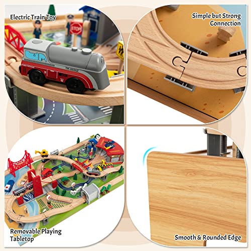 COSTWAY Wooden Train Track Set, 2-in-1 Kids Activity Table with Reversible Tabletop, 100 Pieces Toy and Storage Drawer, Creative Railway Playset for Boys Girls