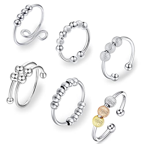 6 Pcs Anxiety Ring for Women Men - Retro Adjustable Fidget Rings with Beads 925 Sterling Silver Open Finger Rings Anxiety Stress Reliever Spinner Bead Rings or Anxiety Women Men Kids
