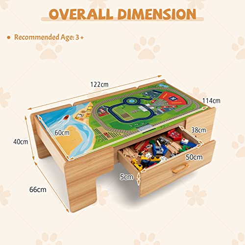 COSTWAY Wooden Train Track Set, 2-in-1 Kids Activity Table with Reversible Tabletop, 100 Pieces Toy and Storage Drawer, Creative Railway Playset for Boys Girls