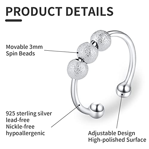 6 Pcs Anxiety Ring for Women Men - Retro Adjustable Fidget Rings with Beads 925 Sterling Silver Open Finger Rings Anxiety Stress Reliever Spinner Bead Rings or Anxiety Women Men Kids