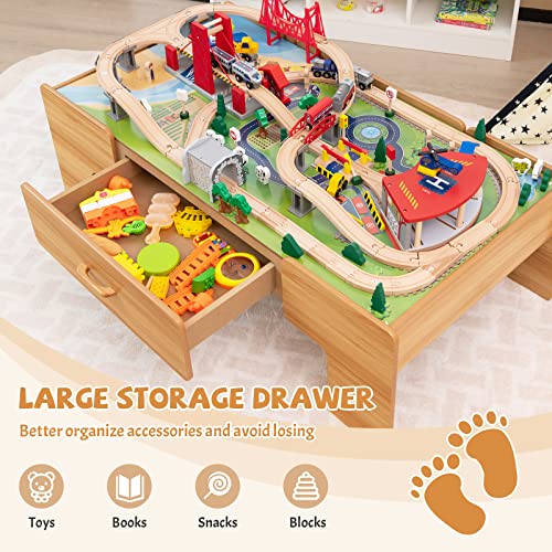 COSTWAY Wooden Train Track Set, 2-in-1 Kids Activity Table with Reversible Tabletop, 100 Pieces Toy and Storage Drawer, Creative Railway Playset for Boys Girls