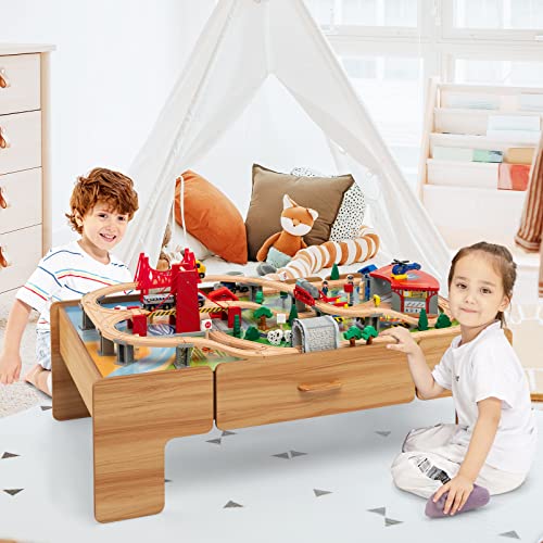 COSTWAY Wooden Train Track Set, 2-in-1 Kids Activity Table with Reversible Tabletop, 100 Pieces Toy and Storage Drawer, Creative Railway Playset for Boys Girls