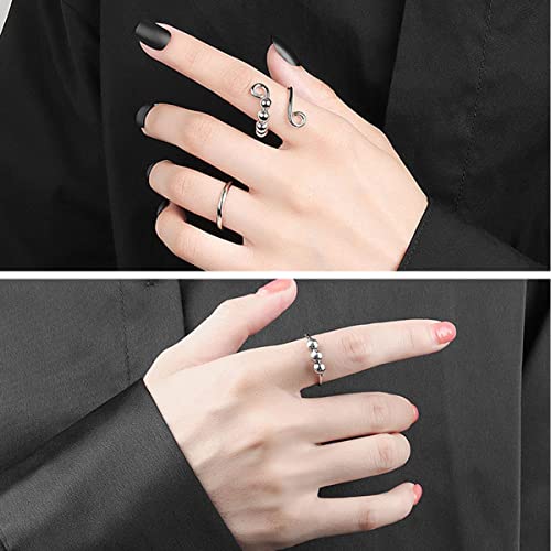 6 Pcs Anxiety Ring for Women Men - Retro Adjustable Fidget Rings with Beads 925 Sterling Silver Open Finger Rings Anxiety Stress Reliever Spinner Bead Rings or Anxiety Women Men Kids