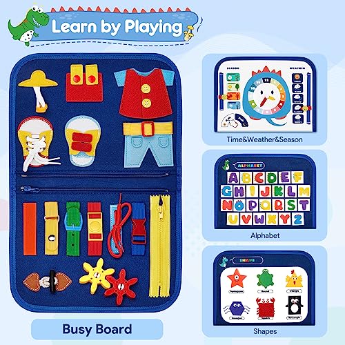 Japace Interactive Felt Busy Board for Kid Early Development Toys Montessori Educational Multi-page Busy Activity Book for Toddler 1 2 3 4 Year Olds Board Dinosaur Toy for Boys Baby Gift(Blue)