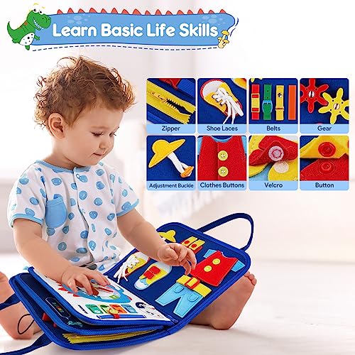 Japace Interactive Felt Busy Board for Kid Early Development Toys Montessori Educational Multi-page Busy Activity Book for Toddler 1 2 3 4 Year Olds Board Dinosaur Toy for Boys Baby Gift(Blue)