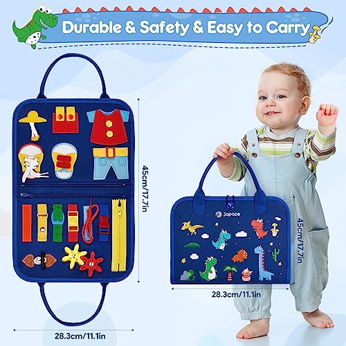 Japace Interactive Felt Busy Board for Kid Early Development Toys Montessori Educational Multi-page Busy Activity Book for Toddler 1 2 3 4 Year Olds Board Dinosaur Toy for Boys Baby Gift(Blue)