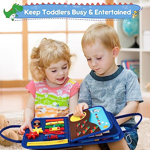 Japace Interactive Felt Busy Board for Kid Early Development Toys Montessori Educational Multi-page Busy Activity Book for Toddler 1 2 3 4 Year Olds Board Dinosaur Toy for Boys Baby Gift(Blue)