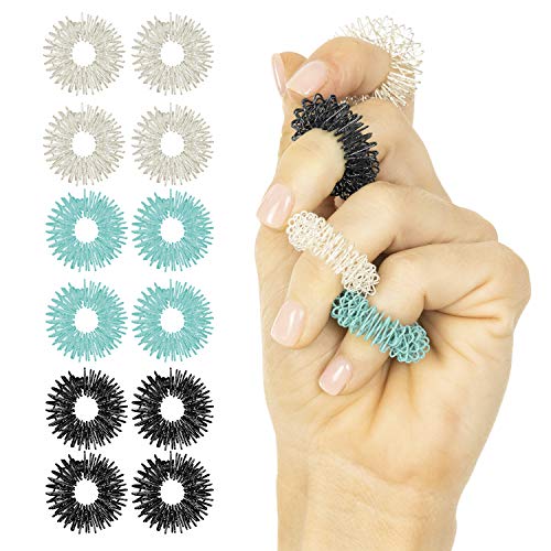 Vive Spike Fidget Rings (12 Piece) - Metal Spiky Fidget Band - for Anxiety, Stress Relief, Kids, Women, Men, Children - Silent Finger Massage Roller - for Acupressure, Home, School, Car and Travel