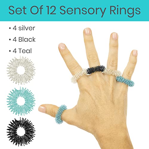 Vive Spike Fidget Rings (12 Piece) - Metal Spiky Fidget Band - for Anxiety, Stress Relief, Kids, Women, Men, Children - Silent Finger Massage Roller - for Acupressure, Home, School, Car and Travel