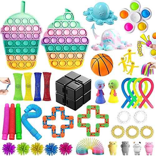 40 Pcs Fidget Toys Pack, Fidget Toy Sensory Set, Decompression Toy with Push Pop Bubble Inf-inite Cube, Stress Relieves Sqùeeze Poppet Toy for Adults Kids Party Favors Bags Fillers
