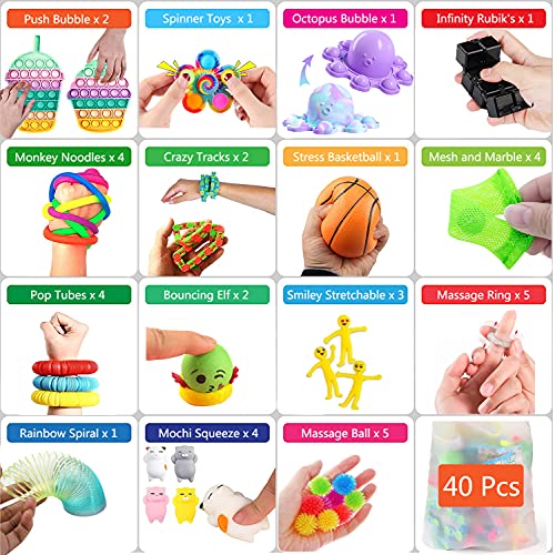 40 Pcs Fidget Toys Pack, Fidget Toy Sensory Set, Decompression Toy with Push Pop Bubble Inf-inite Cube, Stress Relieves Sqùeeze Poppet Toy for Adults Kids Party Favors Bags Fillers