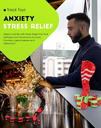 The Cobra 18 Links Wacky Tracks Snap and Click Fidget Toys, 4pcs Fidget Chain Bracelet Finger Sensory Toys, Snake Jigsaw Puzzle Toys for Kids Stress Relief, Party Bag Fillers, Party Favours, Random