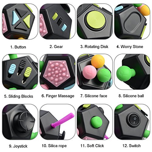 Jim's Store Cube Fidget Toys Cube Stress Relief Fidget Anxiety Relief Toys 12 Sides Decompression Sensory Finger Toy for Adults Kids (black+green)