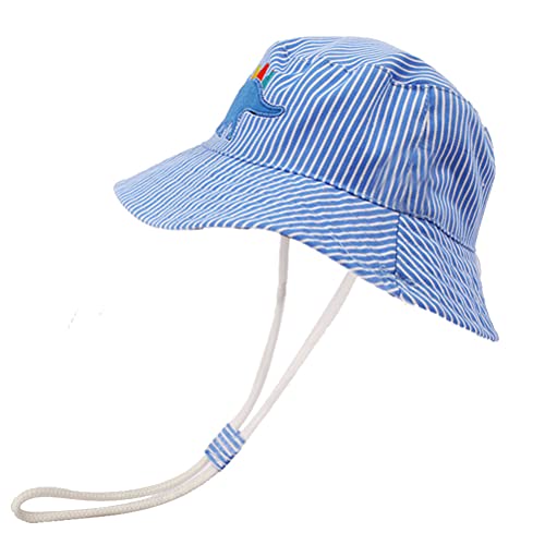 FUYAO Baby Sun Hat Kids Toddler Boys Dinosaur Beach Sun Protection Hat Summer Play Hats Adjustable Chin Strap Bucket Hat (Blue Dinosaur, 6-12 Months)