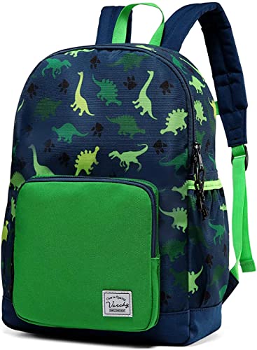 VASCHY Kids Backpack, 13L School Bag for Boys 4-6 Years Water Resistant Toddler Dinosaur Rucksack Children's Backpack with Elastic Water Bottle Pockets for Elementary School(Green Dino)