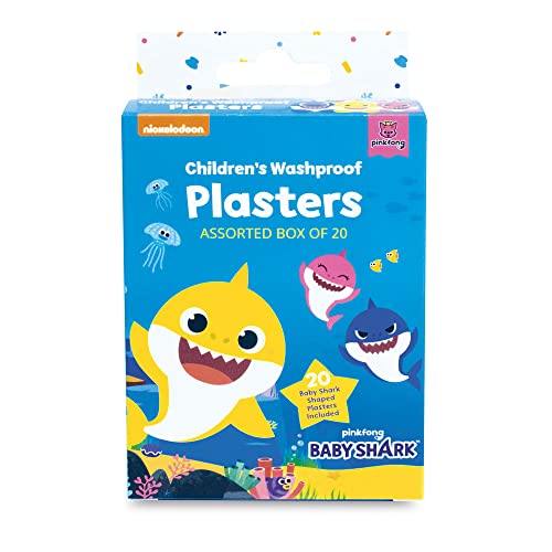 Baby Shark Washproof Shark Shaped Plasters for Children - Essentials for Kids Safety and Health - Assorted Box of 20 (2 Shapes Options)
