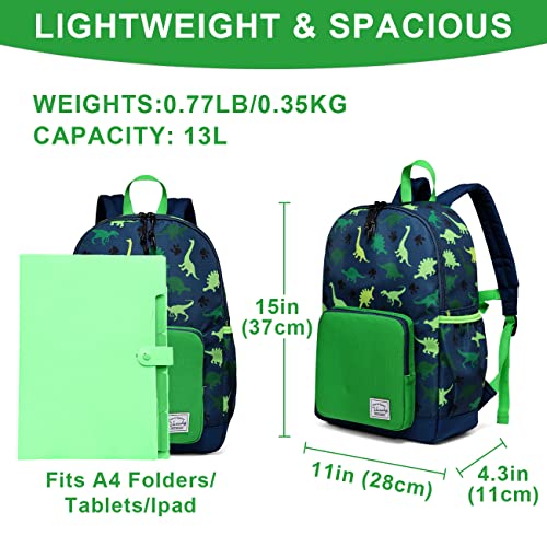 VASCHY Kids Backpack, 13L School Bag for Boys 4-6 Years Water Resistant Toddler Dinosaur Rucksack Children's Backpack with Elastic Water Bottle Pockets for Elementary School(Green Dino)