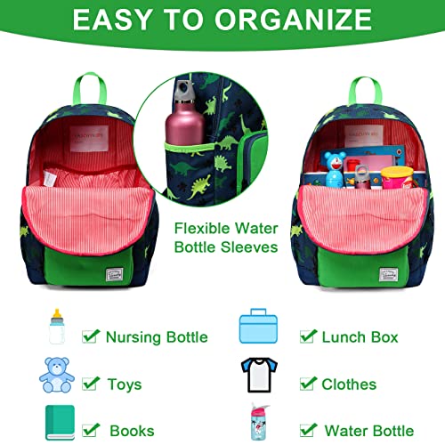 VASCHY Kids Backpack, 13L School Bag for Boys 4-6 Years Water Resistant Toddler Dinosaur Rucksack Children's Backpack with Elastic Water Bottle Pockets for Elementary School(Green Dino)
