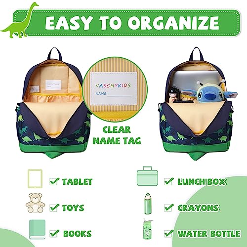 Toddler Backpacks,VASCHY 11.5L Cute Dinosaur Kids Backpack for Boys Water Resistant Children's Backpack for 2 to 5 Years Old School Bag for Kindergarten Daycare with Chest Strap and Side Pocket(Green)