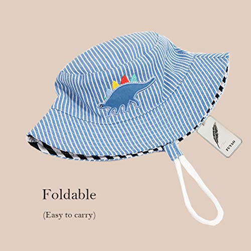 FUYAO Baby Sun Hat Kids Toddler Boys Dinosaur Beach Sun Protection Hat Summer Play Hats Adjustable Chin Strap Bucket Hat (Blue Dinosaur, 6-12 Months)