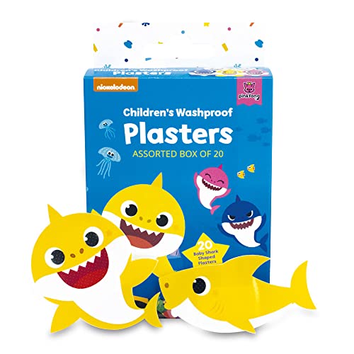 Baby Shark Washproof Shark Shaped Plasters for Children - Essentials for Kids Safety and Health - Assorted Box of 20 (2 Shapes Options)