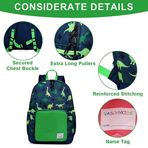 VASCHY Kids Backpack, 13L School Bag for Boys 4-6 Years Water Resistant Toddler Dinosaur Rucksack Children's Backpack with Elastic Water Bottle Pockets for Elementary School(Green Dino)