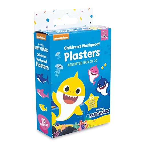 Baby Shark Washproof Shark Shaped Plasters for Children - Essentials for Kids Safety and Health - Assorted Box of 20 (2 Shapes Options)
