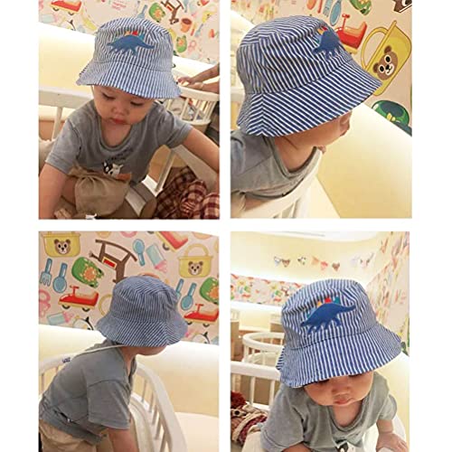 FUYAO Baby Sun Hat Kids Toddler Boys Dinosaur Beach Sun Protection Hat Summer Play Hats Adjustable Chin Strap Bucket Hat (Blue Dinosaur, 6-12 Months)