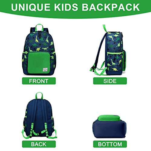 VASCHY Kids Backpack, 13L School Bag for Boys 4-6 Years Water Resistant Toddler Dinosaur Rucksack Children's Backpack with Elastic Water Bottle Pockets for Elementary School(Green Dino)