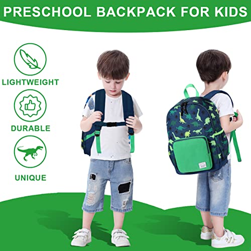 VASCHY Kids Backpack, 13L School Bag for Boys 4-6 Years Water Resistant Toddler Dinosaur Rucksack Children's Backpack with Elastic Water Bottle Pockets for Elementary School(Green Dino)