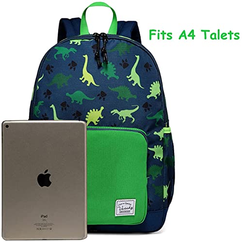 VASCHY Kids Backpack, 13L School Bag for Boys 4-6 Years Water Resistant Toddler Dinosaur Rucksack Children's Backpack with Elastic Water Bottle Pockets for Elementary School(Green Dino)