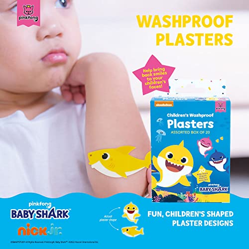 Baby Shark Washproof Shark Shaped Plasters for Children - Essentials for Kids Safety and Health - Assorted Box of 20 (2 Shapes Options)