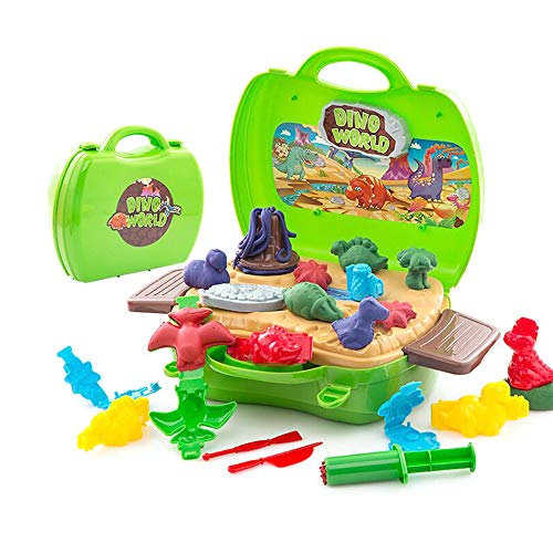Deardeer Kids Play Dough Dinosaur Play Set 26 Pcs Pretend Play Toy Kit with Dough and Moulds in a Portable Case