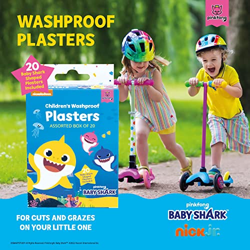 Baby Shark Washproof Shark Shaped Plasters for Children - Essentials for Kids Safety and Health - Assorted Box of 20 (2 Shapes Options)