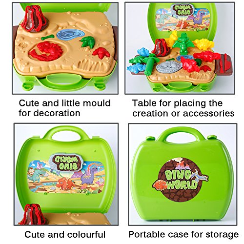 Deardeer Kids Play Dough Dinosaur Play Set 26 Pcs Pretend Play Toy Kit with Dough and Moulds in a Portable Case