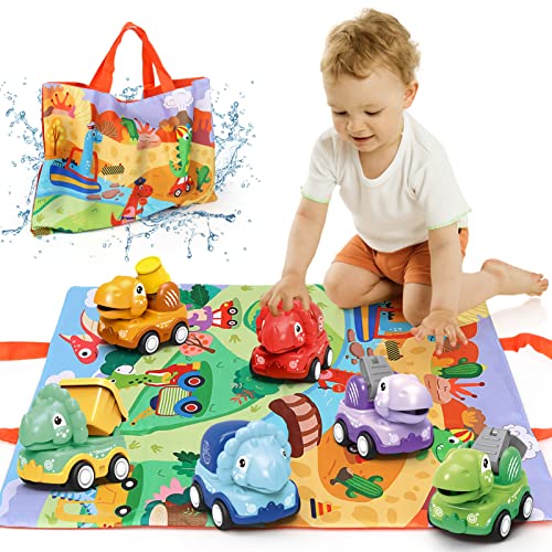 Dinosaur Cars for 2 Year Old Boys, Baby Dino Pull Back Trucks with Play Mat Storage Bag, 6 Pcs Friction Powered Construction Vehicles for Toddler, Kids Dino Truck Birthday Gift for Infant Girl Age 1-3
