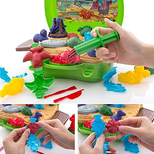 Deardeer Kids Play Dough Dinosaur Play Set 26 Pcs Pretend Play Toy Kit with Dough and Moulds in a Portable Case
