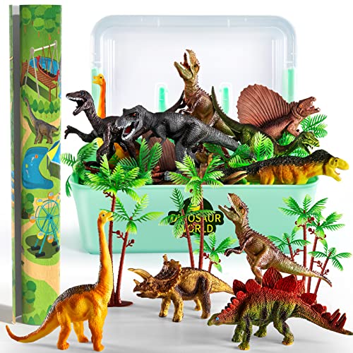 TEMI Dinosaur Toys Figure w/Activity Play Mat & Trees, Educational Realistic Dinosaur Playset to Create a Dino World Including T-Rex, Triceratops, for Kids, Boys & Girls 3 4 5 6 Years