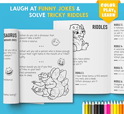Fun with DINOSAURS: Learning Activity and Coloring Book for Kids Ages 4-8: Coloring, dot-to-dot, mazes, puzzles, jokes and facts (Color, Play, Learn)
