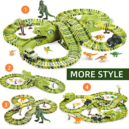 burgkidz Dinosaur Kids' Play Car Race Tracks, 260 Pcs Flexible Dinosaur Train Track with 7 Dinosaurs Figures, 3 Race Cars Vehicle Playset with Lights to Create A Dinosaur World for Boys Girls Ages 3+