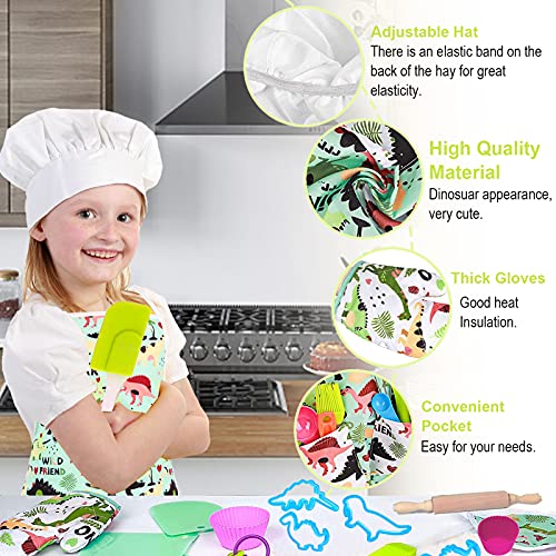 STAY GENT Kids Baking Chef Set 35 Pcs with Dinosaur Apron, Baking Kit Cooking Chef Dress Up Role Play Toys for Boys Girls Children Aged 3 4 5 6 7 8