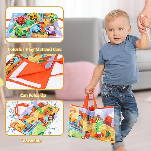 Dinosaur Cars for 2 Year Old Boys, Baby Dino Pull Back Trucks with Play Mat Storage Bag, 6 Pcs Friction Powered Construction Vehicles for Toddler, Kids Dino Truck Birthday Gift for Infant Girl Age 1-3