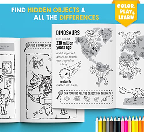 Fun with DINOSAURS: Learning Activity and Coloring Book for Kids Ages 4-8: Coloring, dot-to-dot, mazes, puzzles, jokes and facts (Color, Play, Learn)