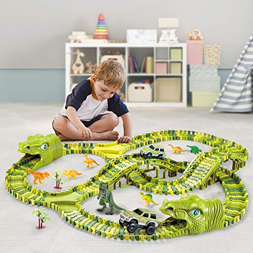 burgkidz Dinosaur Kids' Play Car Race Tracks, 260 Pcs Flexible Dinosaur Train Track with 7 Dinosaurs Figures, 3 Race Cars Vehicle Playset with Lights to Create A Dinosaur World for Boys Girls Ages 3+