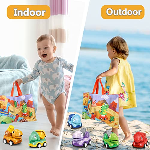 Dinosaur Cars for 2 Year Old Boys, Baby Dino Pull Back Trucks with Play Mat Storage Bag, 6 Pcs Friction Powered Construction Vehicles for Toddler, Kids Dino Truck Birthday Gift for Infant Girl Age 1-3