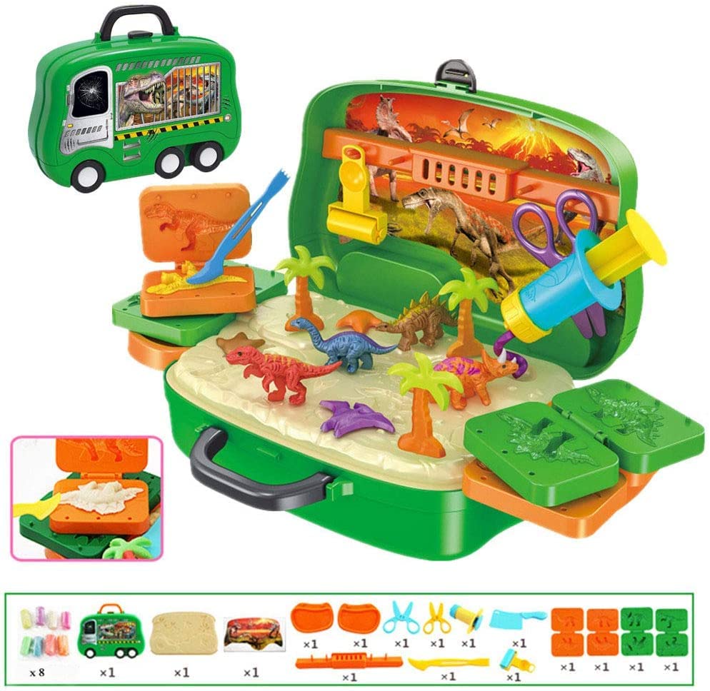 Crelloci Dinosaur Playdough Set Play Dough Tools Dino World 26PCS Playsets Toy Clay Accessaries Dough and Moulds in a Portable Case with Wheels for Kids Toddlers Children