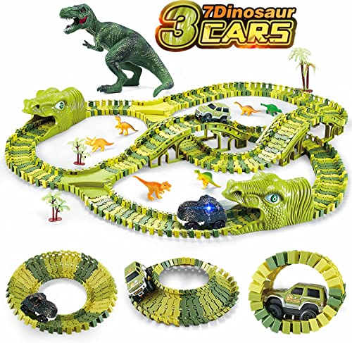 burgkidz Dinosaur Kids' Play Car Race Tracks, 260 Pcs Flexible Dinosaur Train Track with 7 Dinosaurs Figures, 3 Race Cars Vehicle Playset with Lights to Create A Dinosaur World for Boys Girls Ages 3+