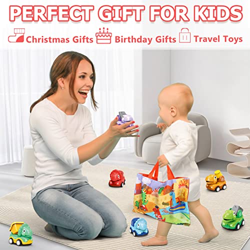 Dinosaur Cars for 2 Year Old Boys, Baby Dino Pull Back Trucks with Play Mat Storage Bag, 6 Pcs Friction Powered Construction Vehicles for Toddler, Kids Dino Truck Birthday Gift for Infant Girl Age 1-3